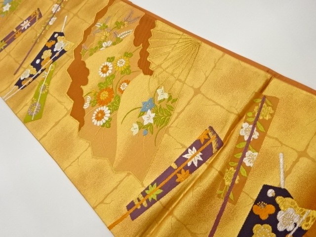 扇に花々模様織出し袋帯